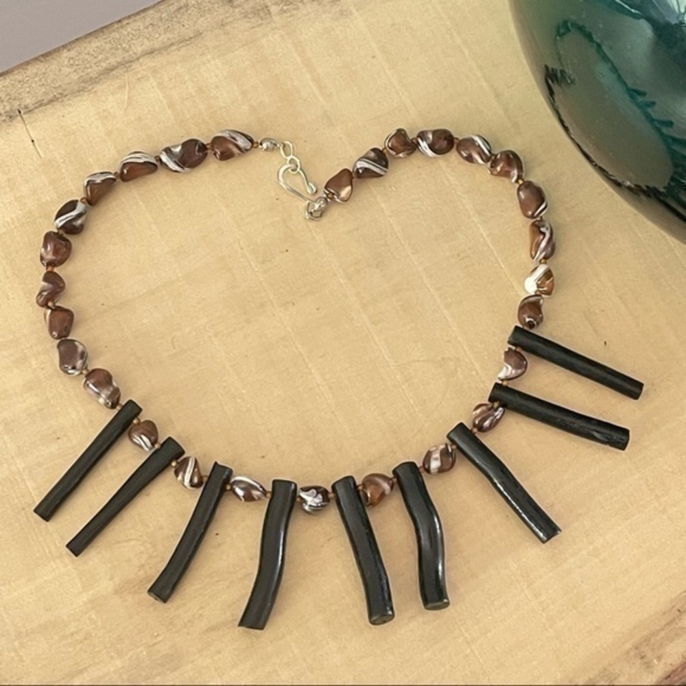 $49 SALE Handmade Painted Wood & Polished Shell Necklace 16.5” Statement Coastal